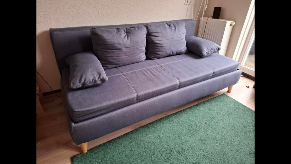 Slaapbank denim blauw stof met opbergruimte., Ophalen, Blauw, Tweepersoons, Zo goed als nieuw