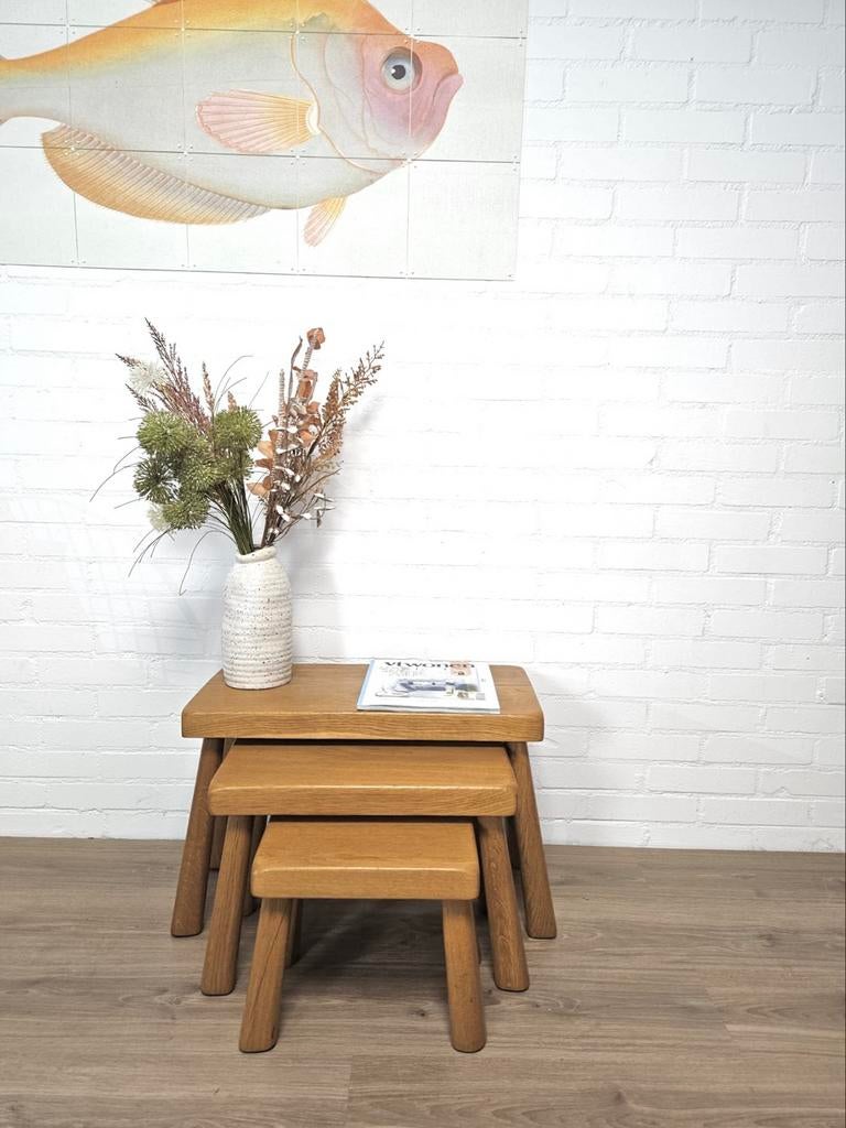 Set van 3 eikenhouten tafeltjes bijzettafel sidetable, Ophalen, Minder dan 45 cm, Minder dan 55 cm, Zo goed als nieuw