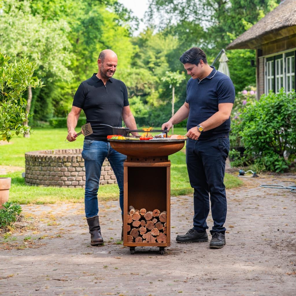 bbq Plancha Camarada Cortenstaal met wielen en houtopslag NW, Ophalen of Verzenden, Nieuw, RJRoyal Living, Met accessoires