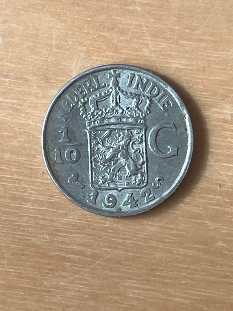 Nederlands-Indië 1/10 Gulden 1942, Postzegels en Munten, Munten | Nederland, Losse munt, Overige waardes, Koningin Wilhelmina