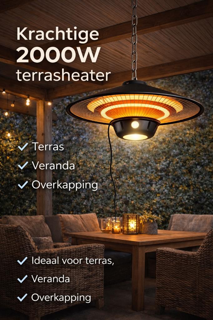 Hangende Terrasverwarmer 2000W – met Afstandsbediening, Elektrisch, Waterbestendig, Nieuw, Ophalen of Verzenden