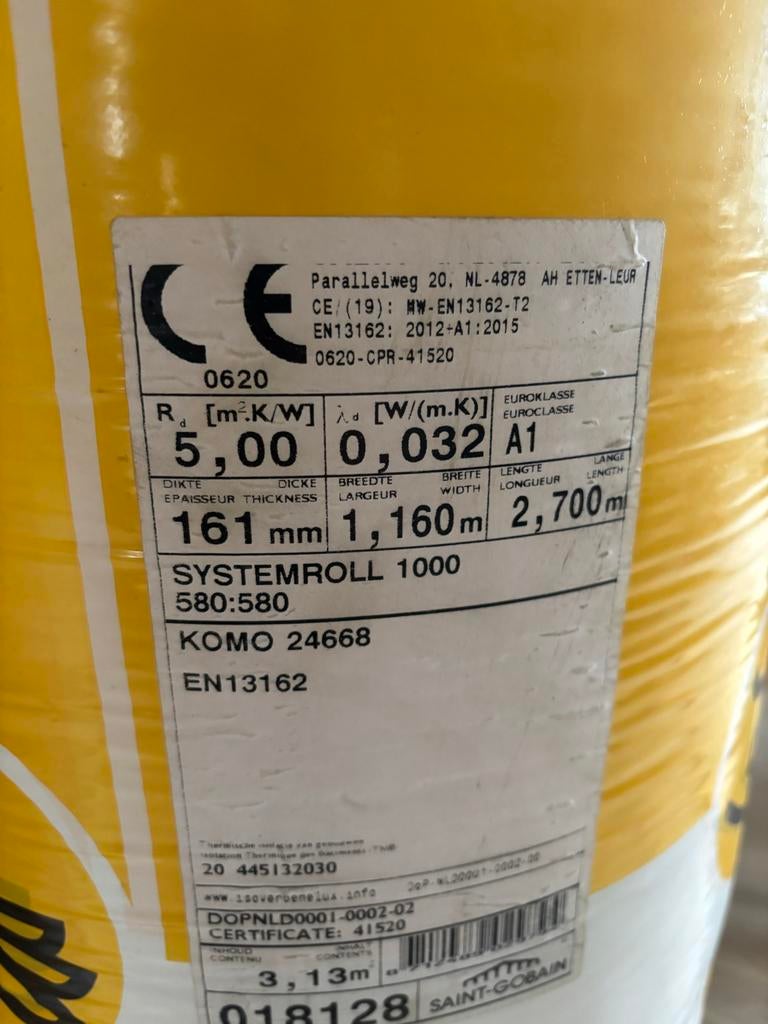 3 rollen Isover glaswol 161mm - totaal 8,1 m², Doe-het-zelf en Verbouw, Isolatie en Afdichting, Ophalen, 12 cm of meer, Nieuw