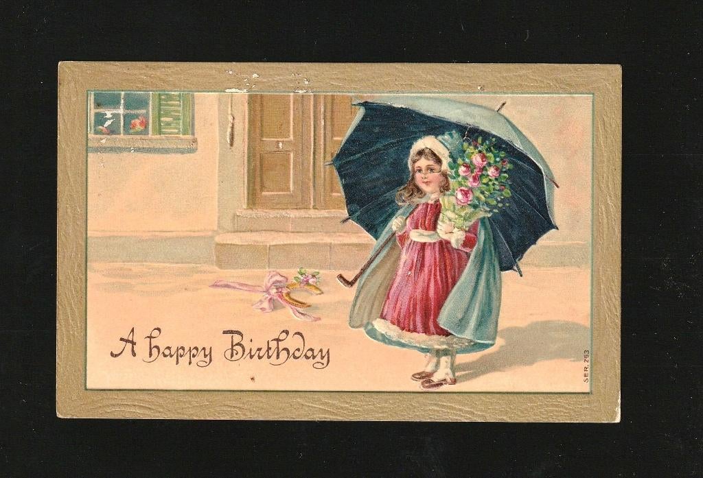 Ansicht meisje onder de paraplu releif D11-05, Verzenden, 1920 tot 1940, Gelopen, Kinderen