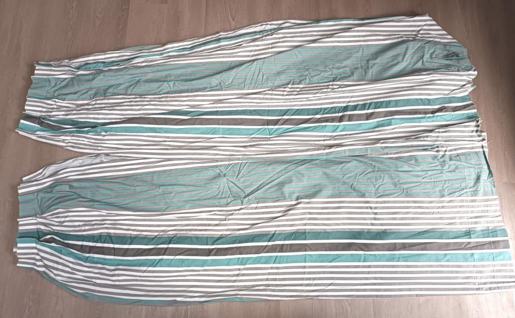 Katoenen gestreepte gordijnen + kussen (hoezen) op maat gema, Gebruikt, 200 cm of meer, Ophalen of Verzenden, 200 cm of meer