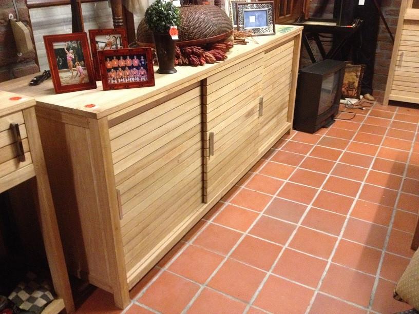 NIEUW TEAK DRESSOIR met schuifdeuren verborgen lades flamant, Ophalen, Gielen, Met deur(en), Teakhout