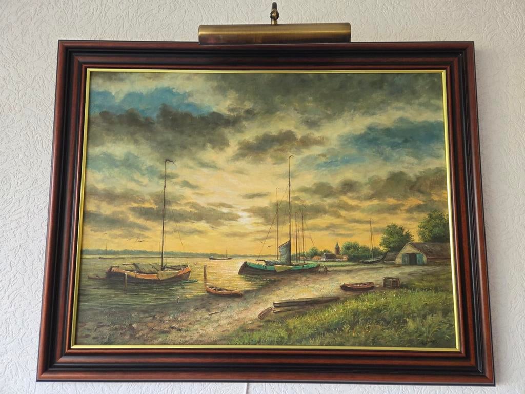Olieverfschilderij van F. vd Burg - Boten aan de rivier, Ophalen