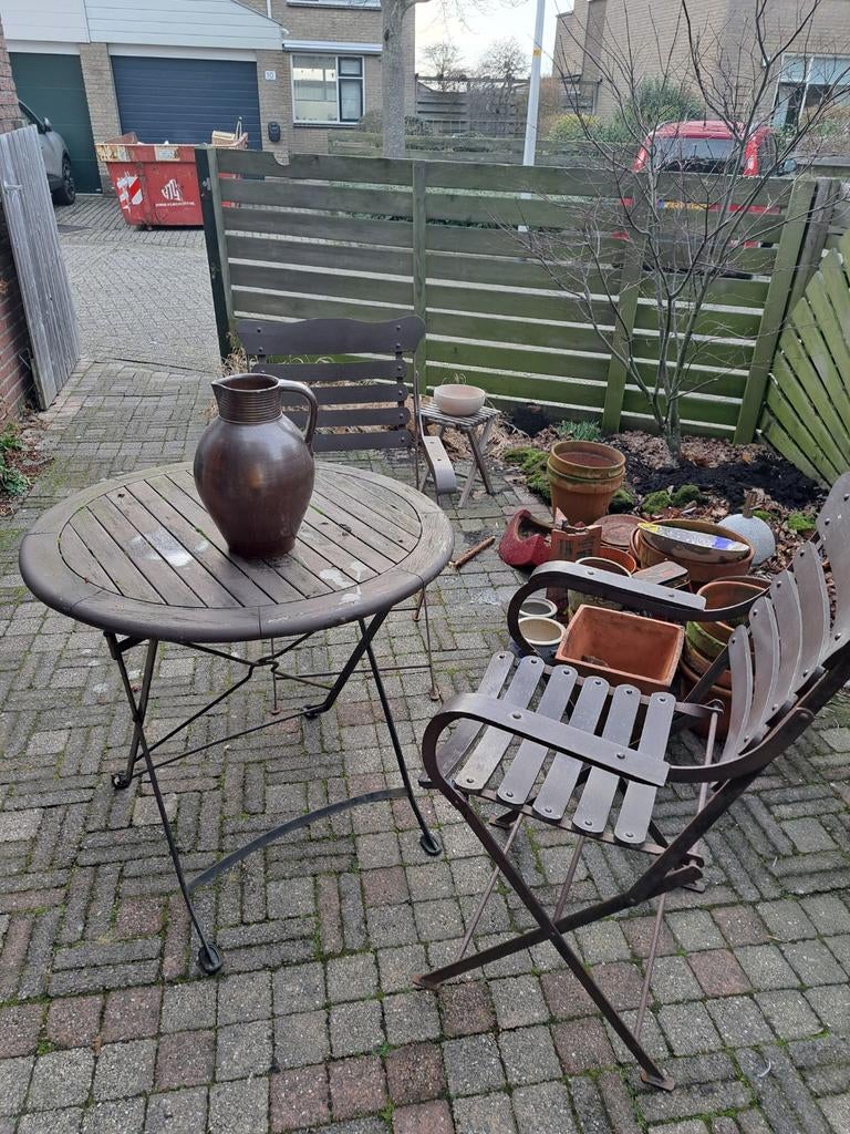 Houten tuinset met 2 stoelen, Tuin en Terras, Tuinsets en Loungesets, Gebruikt, Tuinset, Hout, 2 zitplaatsen, Eettafel, Stoel