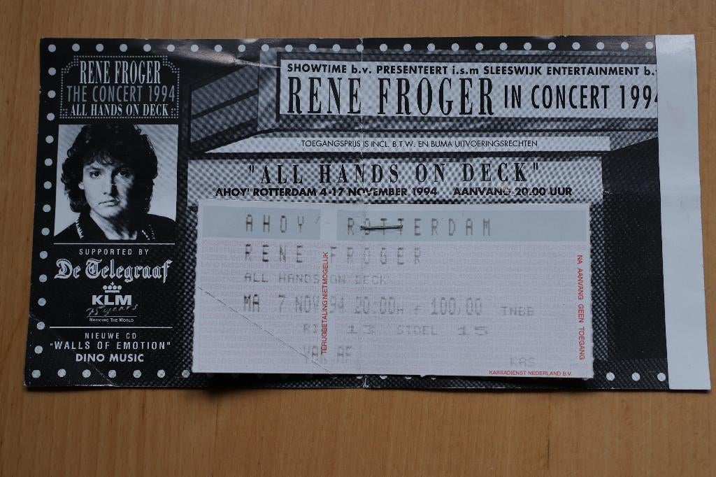 Oud Concert Ticket Rene Froger Ahoy Rotterdam 1994., Ophalen of Verzenden, Gebruikt, Foto of Kaart