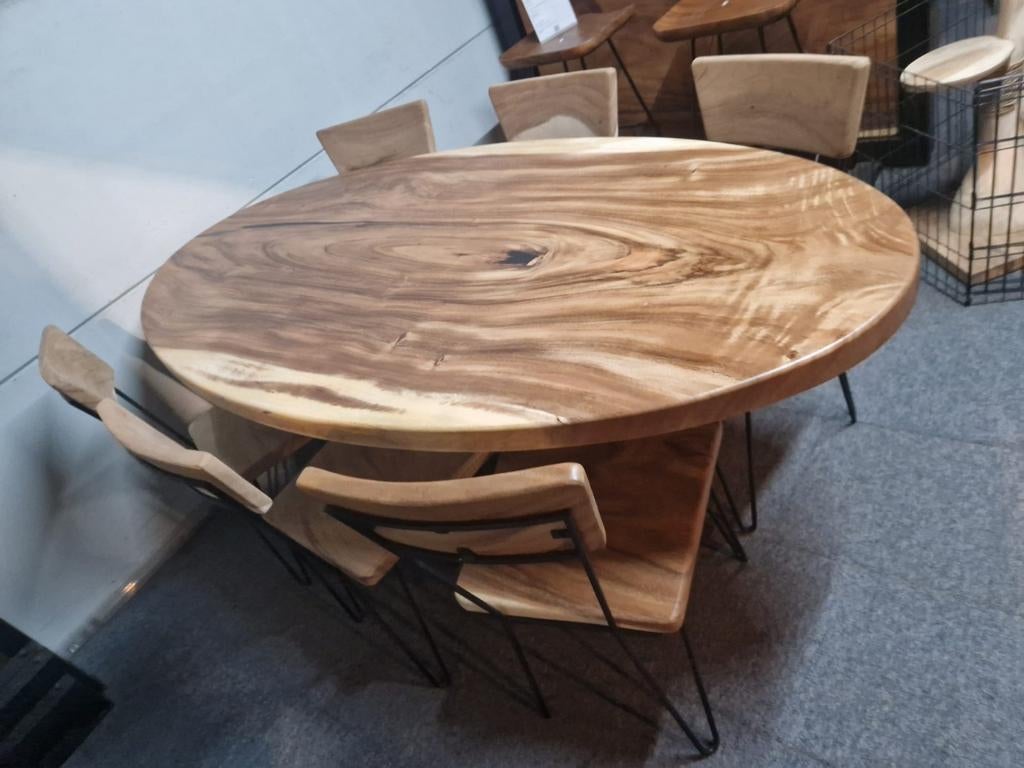 Aanbieding! Eettafel ovaal, uit suar hout boomstam blad., Industrieel suar interieur, Info@industrieel-suar-interieur.nl, 100 tot 150 cm