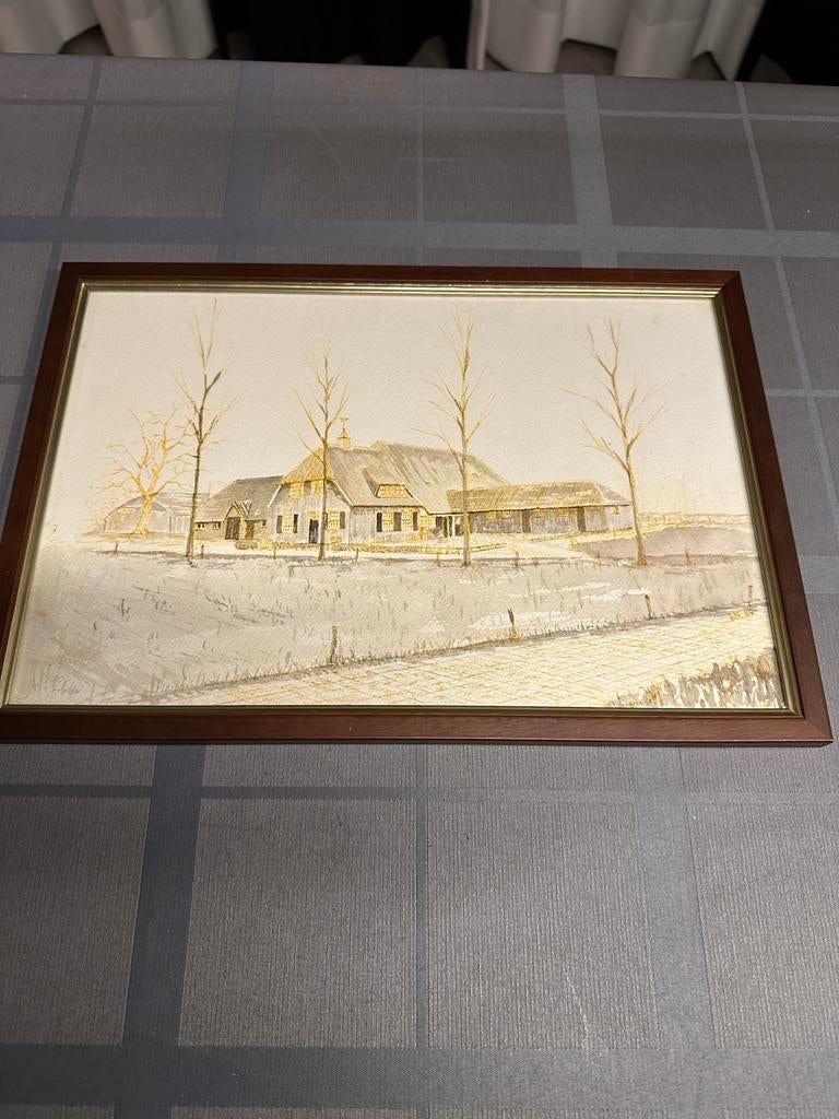 Gesigneerde ets Brabantse boerderij in lijst, Ophalen of Verzenden
