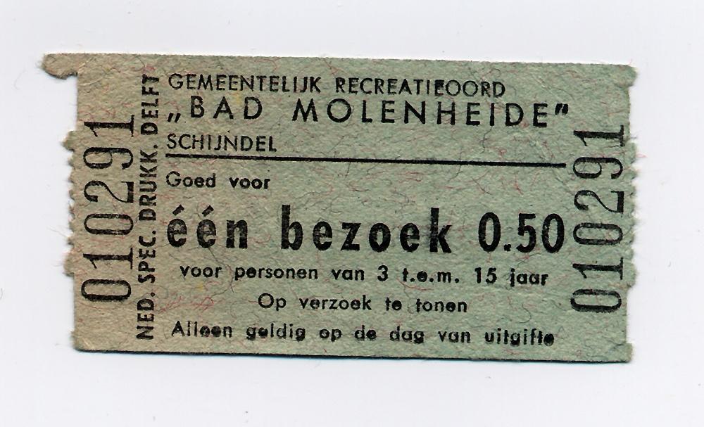 Oud entreekaartje van Bad Molenheide - Schijndel jaren '60, Verzamelen, Overige Verzamelen, Zo goed als nieuw, Ophalen of Verzenden