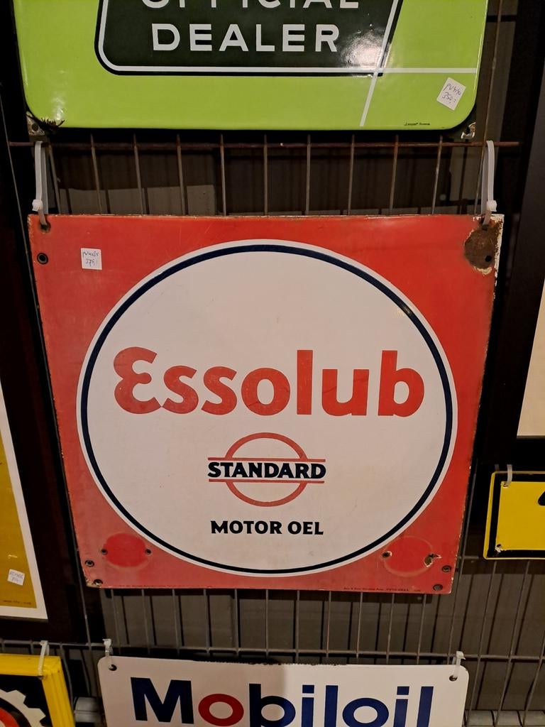 Oud emaille reclamebord Essolub Standard motor olie, Ophalen of Verzenden, Gebruikt, Reclamebord