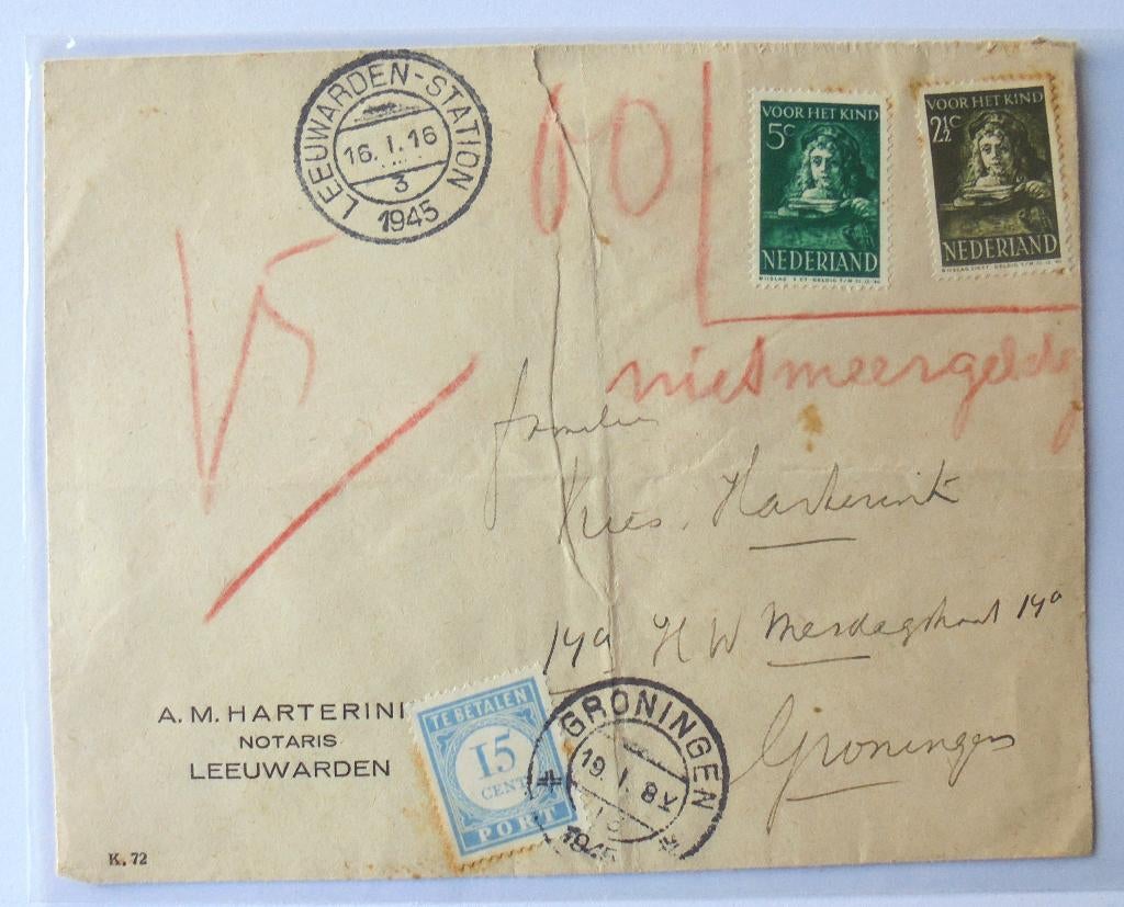 Oude brief LEEUWARDEN vs Groningen met 15 cent strafport., Ophalen of Verzenden, Brief