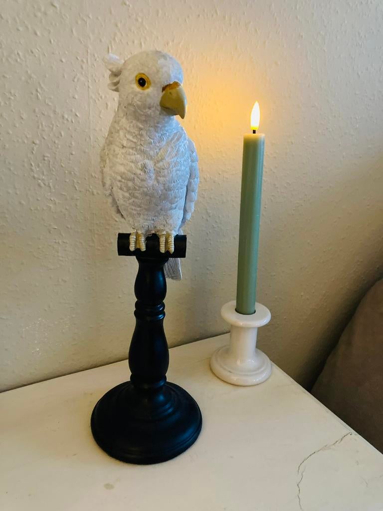 Kaketoe kunststof beeld op stok, 35 cm hoog. Wit., Kunststof, 25 tot 50 cm, Wit, Ophalen of Verzenden