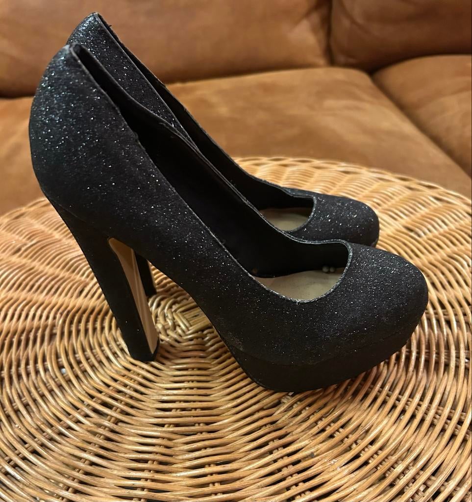 Zwarte glitter pumps met hoge hakken - Maat 37, Ophalen of Verzenden, Gedragen, Zwart, Pumps