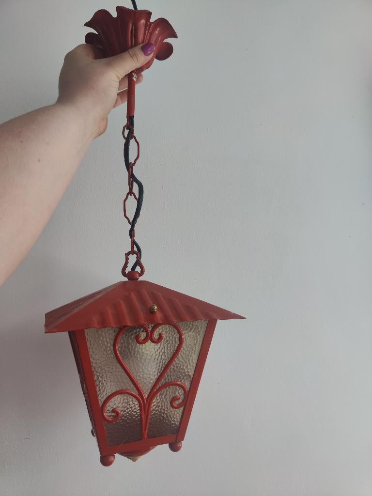Vintage rode smeedijzeren lantaarn, Ophalen, Gebruikt, Glas