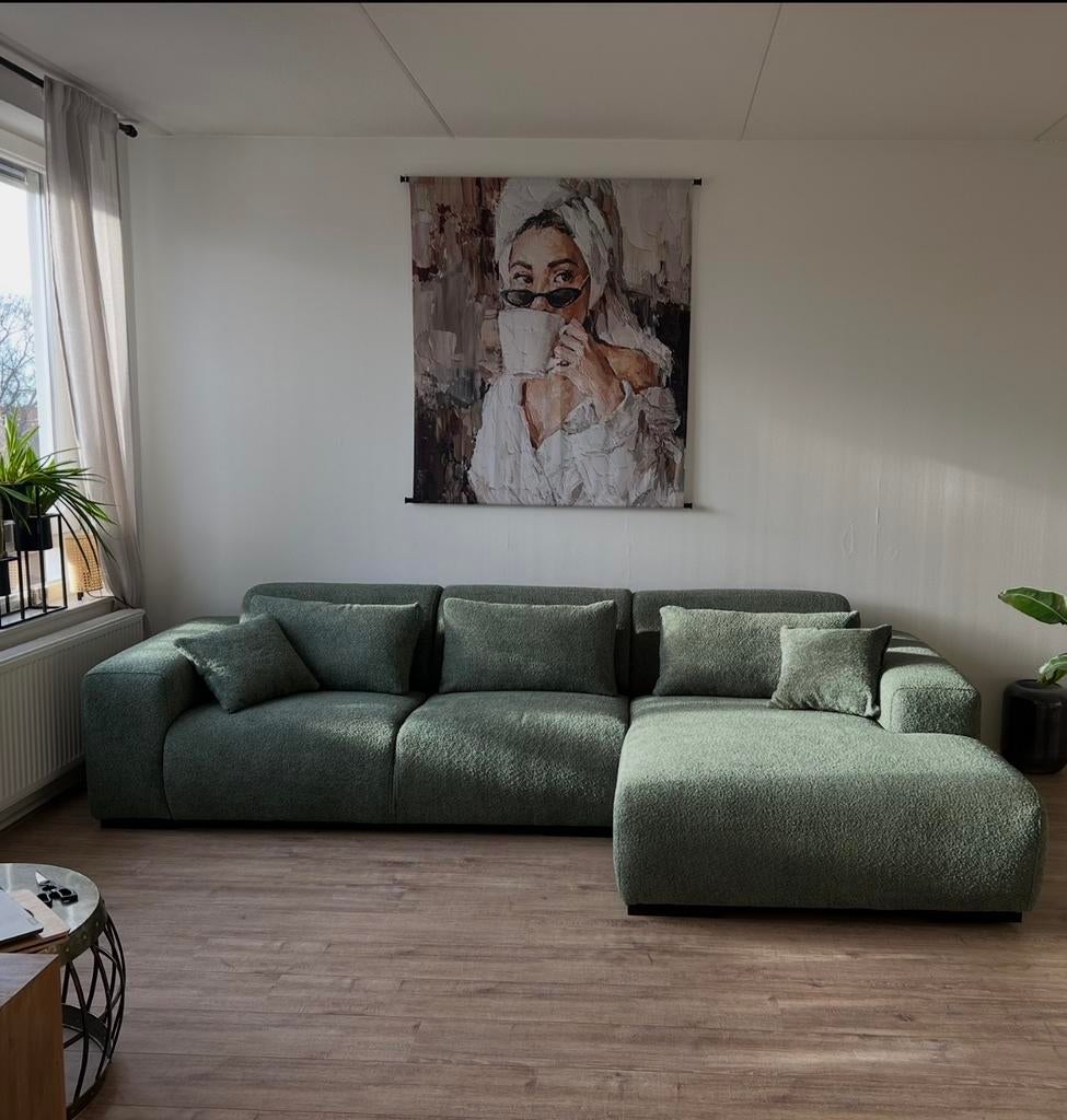 Zgan: groene teddy hoekbank (310 cm), Ophalen, 100 tot 125 cm, Hoekbank, 300 cm of meer