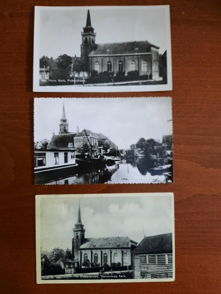 Puttershoek, 3 ansichten vd hervormde kerk, Ophalen of Verzenden, 1940 tot 1960, Gelopen, Zuid-Holland