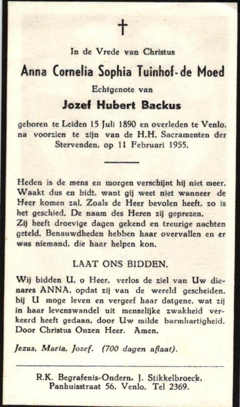 Tuinhof-de Moed Anna Cornelia Sophia Leiden 1890-1955 Venlo, Ophalen of Verzenden