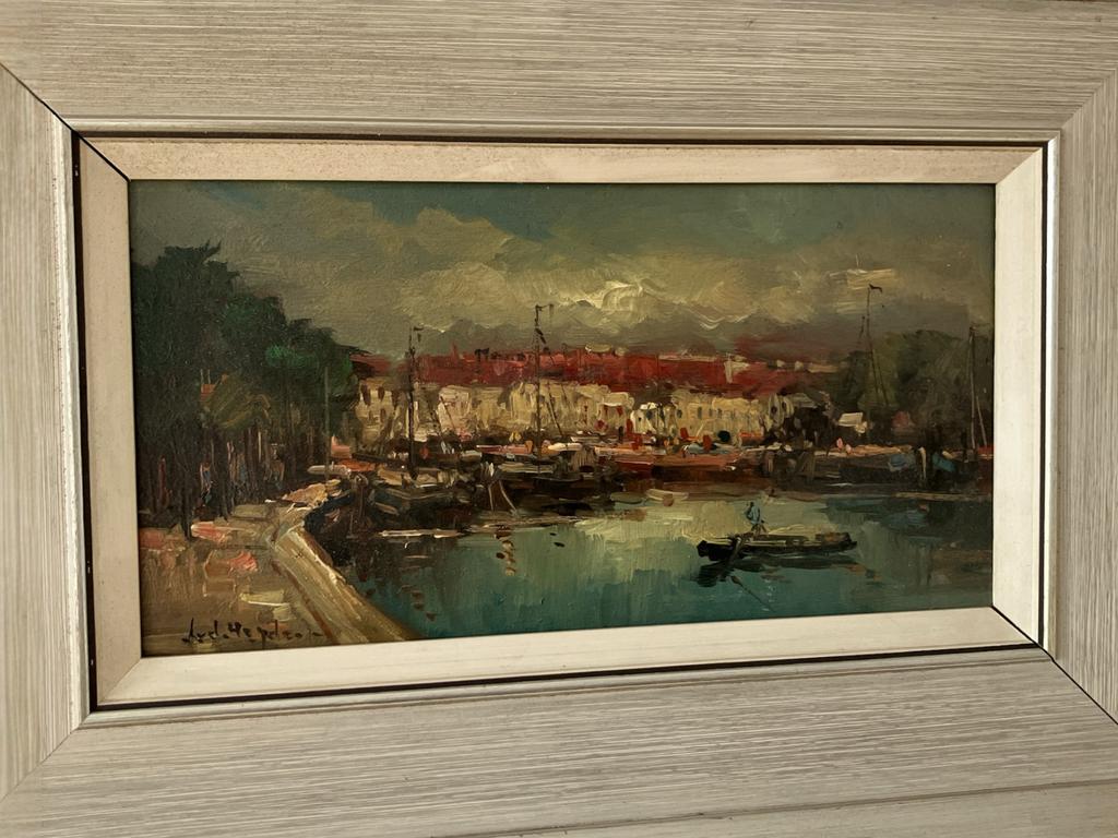 Olieverf schilderij van der Heyden, haven met zeilbootjes, Ophalen of Verzenden