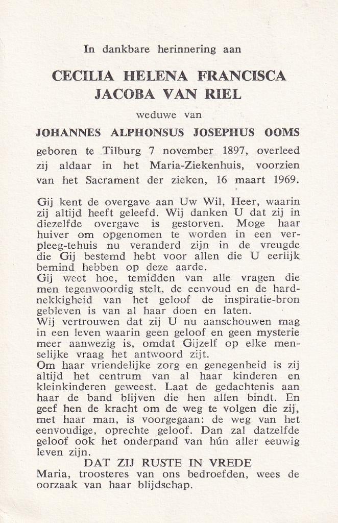 Riel Cecilia 1897 Tilburg 1969, Verzamelen, Ophalen of Verzenden, Bidprentje