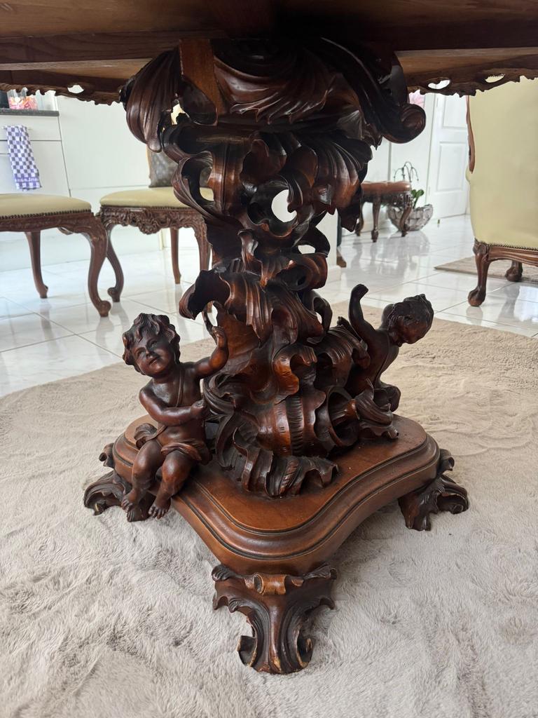 Barok eettafel met 4 leren stoelen, Ophalen, Gebruikt, 100 tot 150 cm, Rond