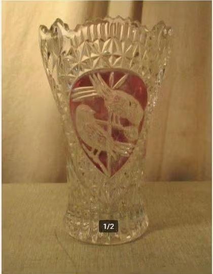 Prachtige oude Kristallen Vaas met 2 vogels - 21cm, Ophalen of Verzenden