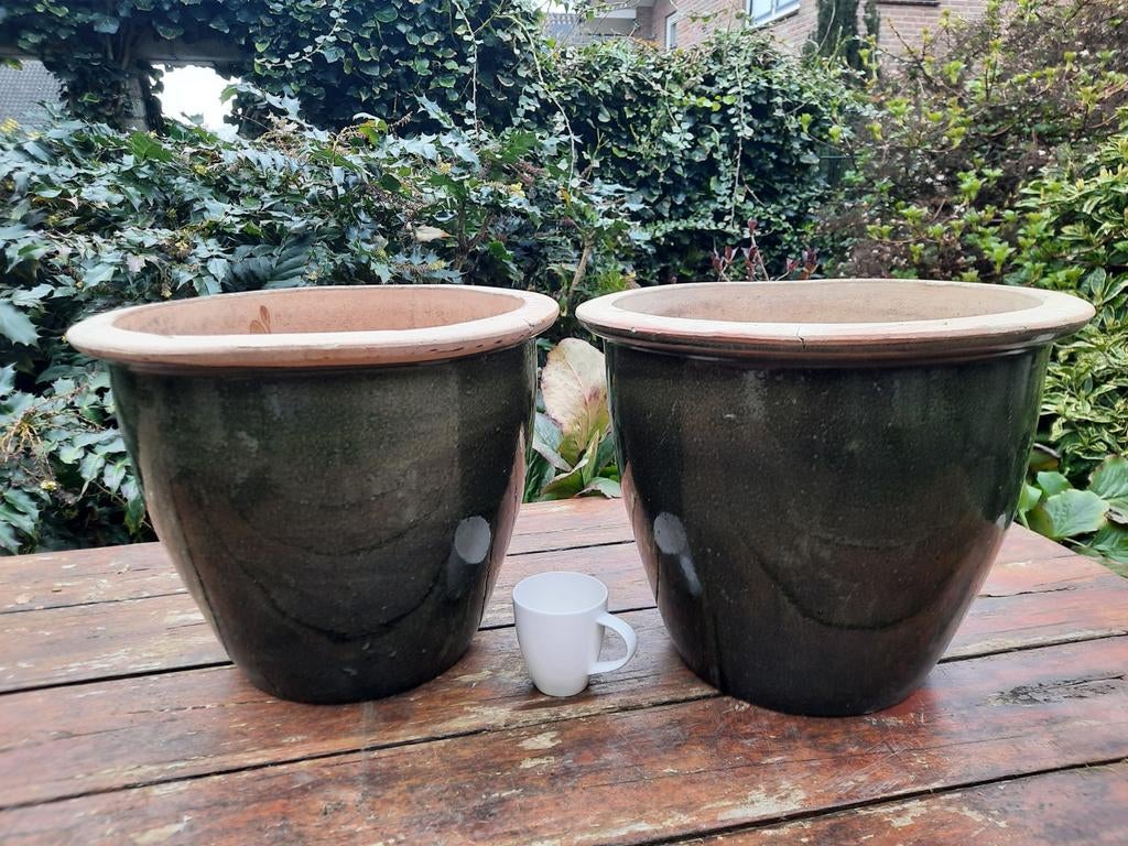 Set Super grote XL groen geglazuurde bloempotten 40 cm dia, Tuin en Terras, Bloempotten, Ophalen, Rond, Aardewerk, Minder dan 40 cm