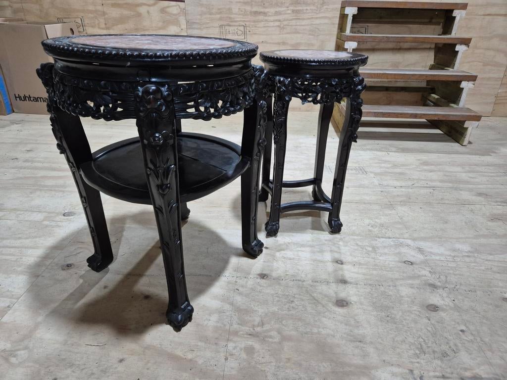 Antieke Chinese sidetables met marmeren blad - set van 2, Ophalen, Gebruikt, Rond, Antiek Chinees