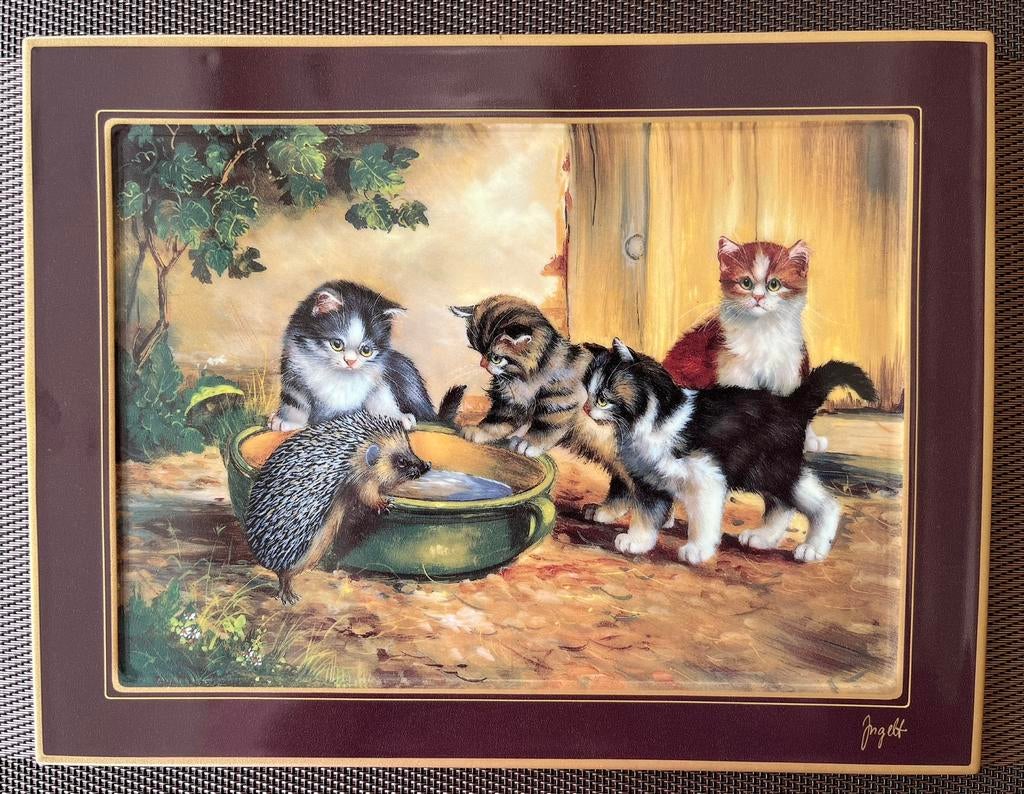 Vintage porseleinen wandbord, katten en egel, Siegmar Jugelt, Met ophangsysteem, Steen/keramiek, Ophalen of Verzenden, Zo goed als nieuw