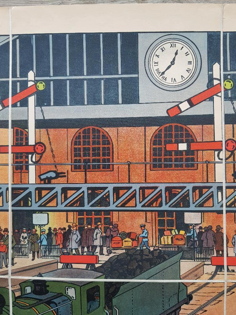 Treinstation oude schoolplaat uit Frankrijk litho op canvas., Antiek en Kunst, Ophalen of Verzenden