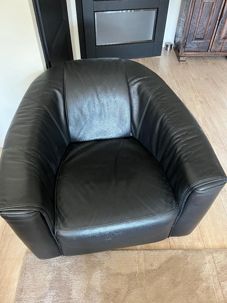 Zwart leren draai fauteuil, Huis en Inrichting, Fauteuils, Ophalen, Gebruikt, 75 tot 100 cm, Modern
