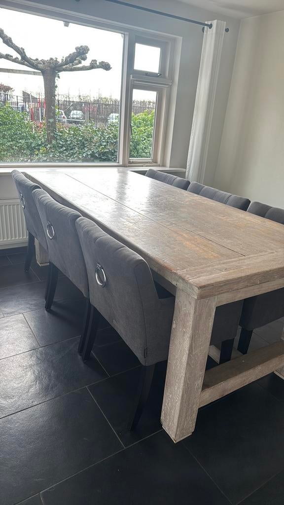 Gave eiken white wash tafel 220/100 incl 6 stoelen, Huis en Inrichting, Tafels | Eettafels, Ophalen, Gebruikt, Eikenhout, 200 cm of meer