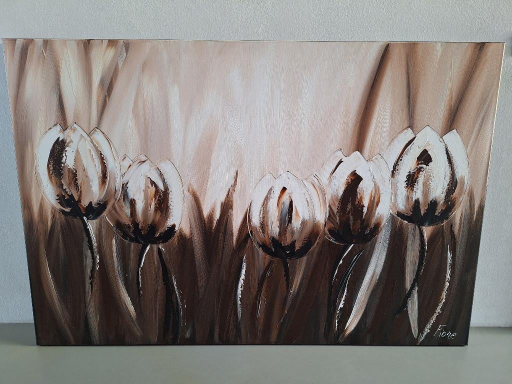 groot Fiore schilderij tulpen sepia bruin tinten 100x150cm, Antiek en Kunst, Kunst | Schilderijen | Abstract, Ophalen