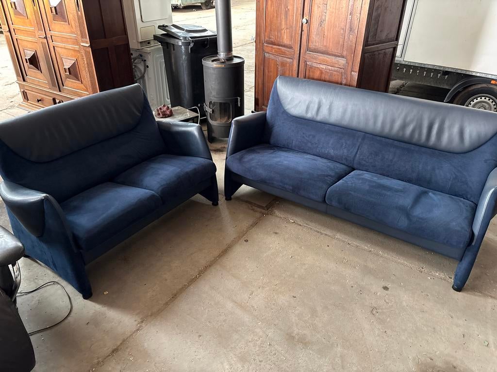 Blauwe stoffen 3- en 2-zitsbank set, Ophalen, Gebruikt, Stof