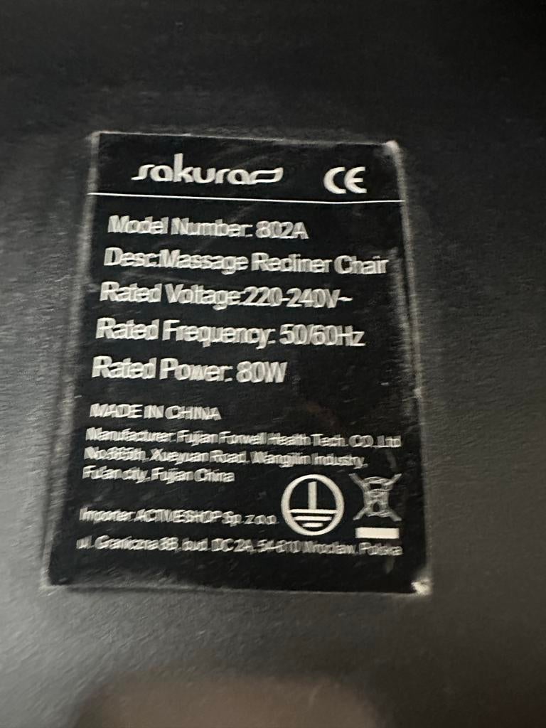 Sakura Massage Stoel - Model 802A, Kunststof, Gebruikt, 100 tot 125 cm, Ophalen of Verzenden