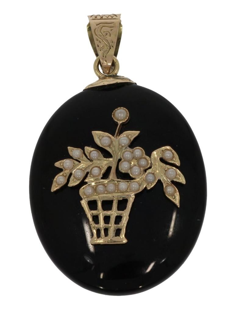 Bloemen mand onyx antieke 14k gouden hanger medaillon foto, Sieraden, Tassen en Uiterlijk, Antieke sieraden, Verzenden, Goud, Hanger