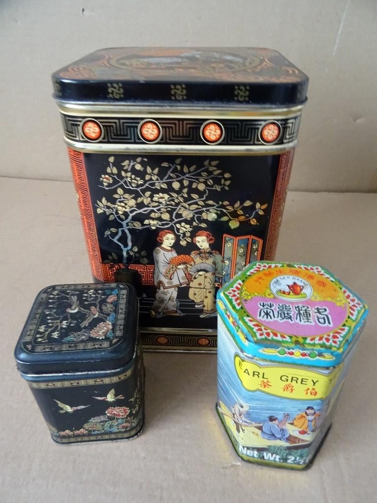 Vintage set theeblikken o.a. Kwong Sang Tea Co Hong Kong, Ophalen of Verzenden, Gebruikt, Thee, Overige merken