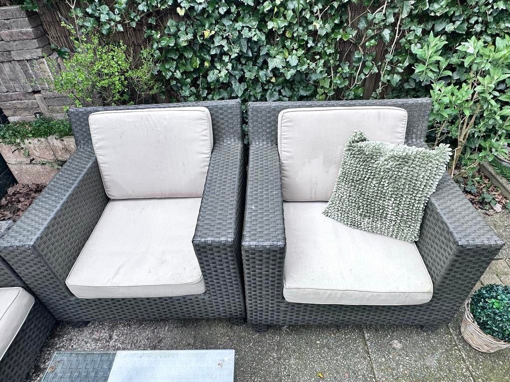 Wicker tuinset met bank, twee stoelen en salontafel, Ophalen, 4 zitplaatsen, Gebruikt, Bank