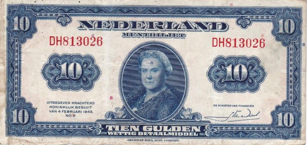 TIEN GULDEN WILHELMINA 1943, Postzegels en Munten, Bankbiljetten | Nederland, Ophalen of Verzenden, 10 gulden