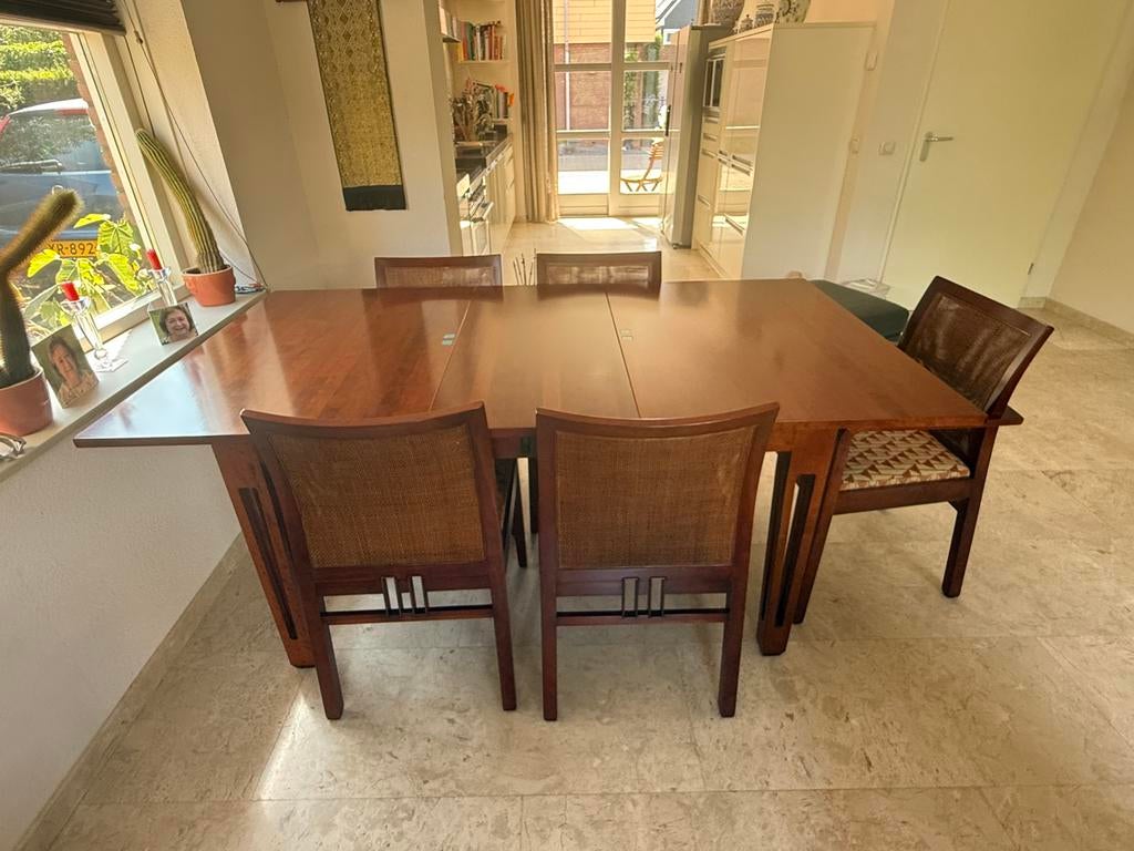 Schuitema Art Deco kersenhouten eettafel met 5 stoelen, Ophalen, Zo goed als nieuw, 4 tot 6 stoelen