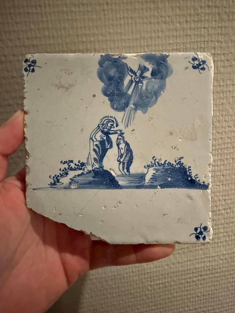 Antieke tegel: Doop van Jezus - Bijbels tafereel. Delfts, Antiek en Kunst, Ophalen of Verzenden