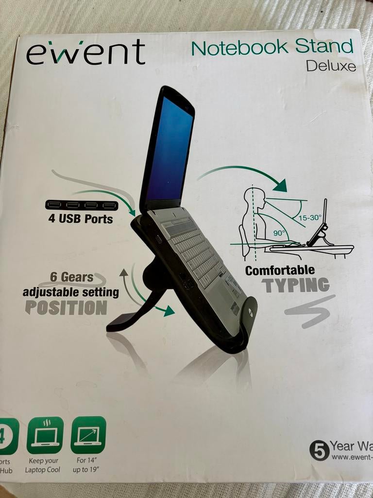 Ewent Notebook Stand Deluxe 14-19 inch met 4 USB-poorten, Ophalen, Zo goed als nieuw, In hoogte verstelbaar