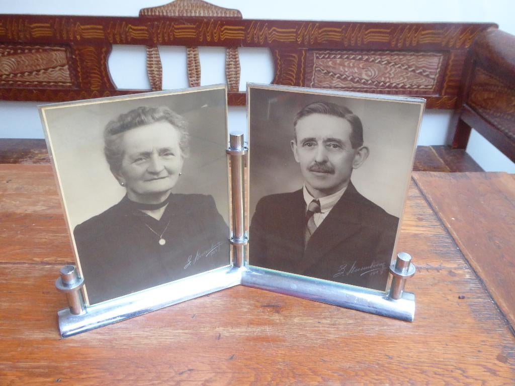 Art deco metalen fotohouder voor 2 foto’s, Ophalen of Verzenden