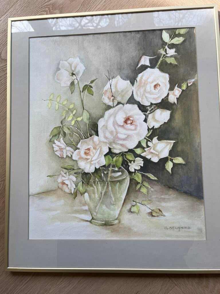 Ingelijst aquarel van G. Stupers - Witte rozen, Antiek en Kunst, Ophalen