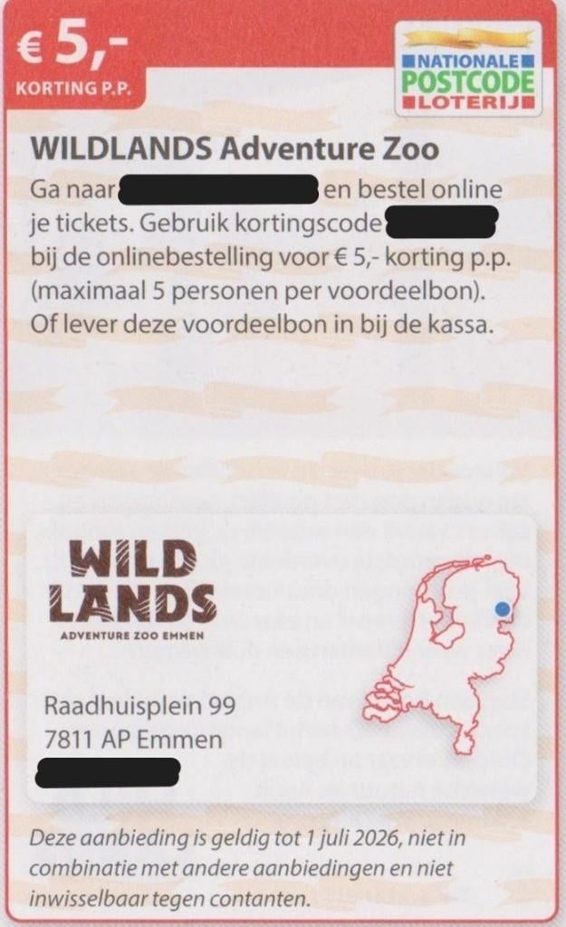 WILDLANDS Adventure Zoo Emmen. €5,- korting pp. Postcode bon, Tickets en Kaartjes, Drie personen of meer, Kortingskaart