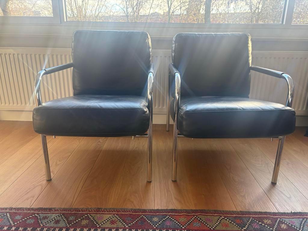 2 Zanotta Fauteuils - Zwart Leer en Chroom, Huis en Inrichting, Ophalen, Gebruikt, Twee, Zwart