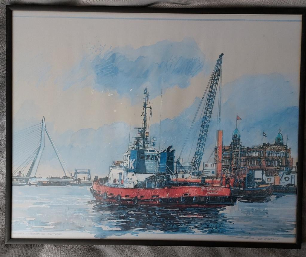 Ingelijste print van Paul Kerrebijn: Rotterdamse haven, Ophalen of Verzenden, Print, Minder dan 50 cm