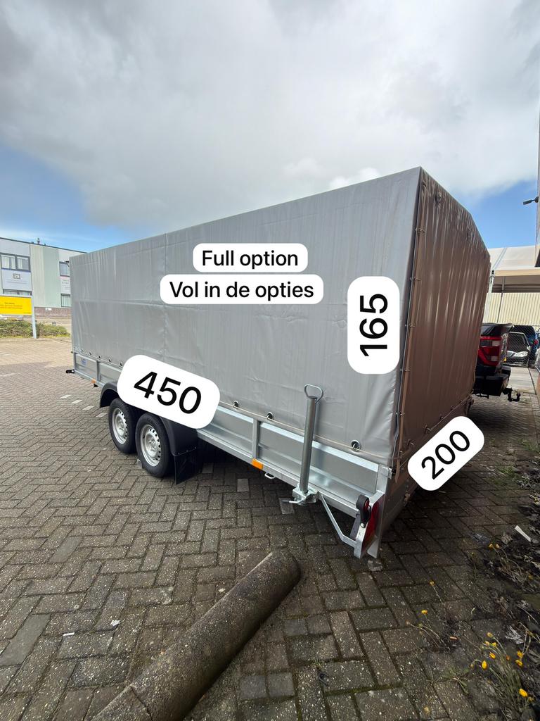 Aanhanger dubbelasser met huif – 450x200x165 – NIEUWSTAAT, Auto diversen, Ophalen of Verzenden, Nieuw