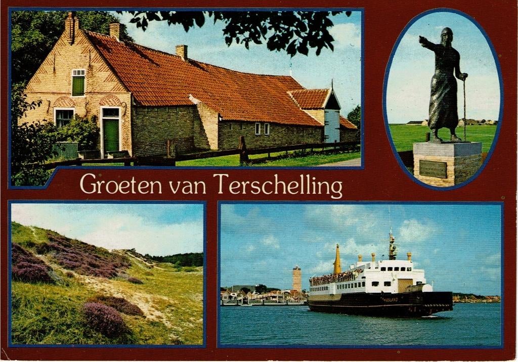 Ansichtkaart Terschelling, 4-luik, veerboot, boerderij, Verzamelen, Ophalen of Verzenden, 1980 tot heden, Gelopen, Waddeneilanden